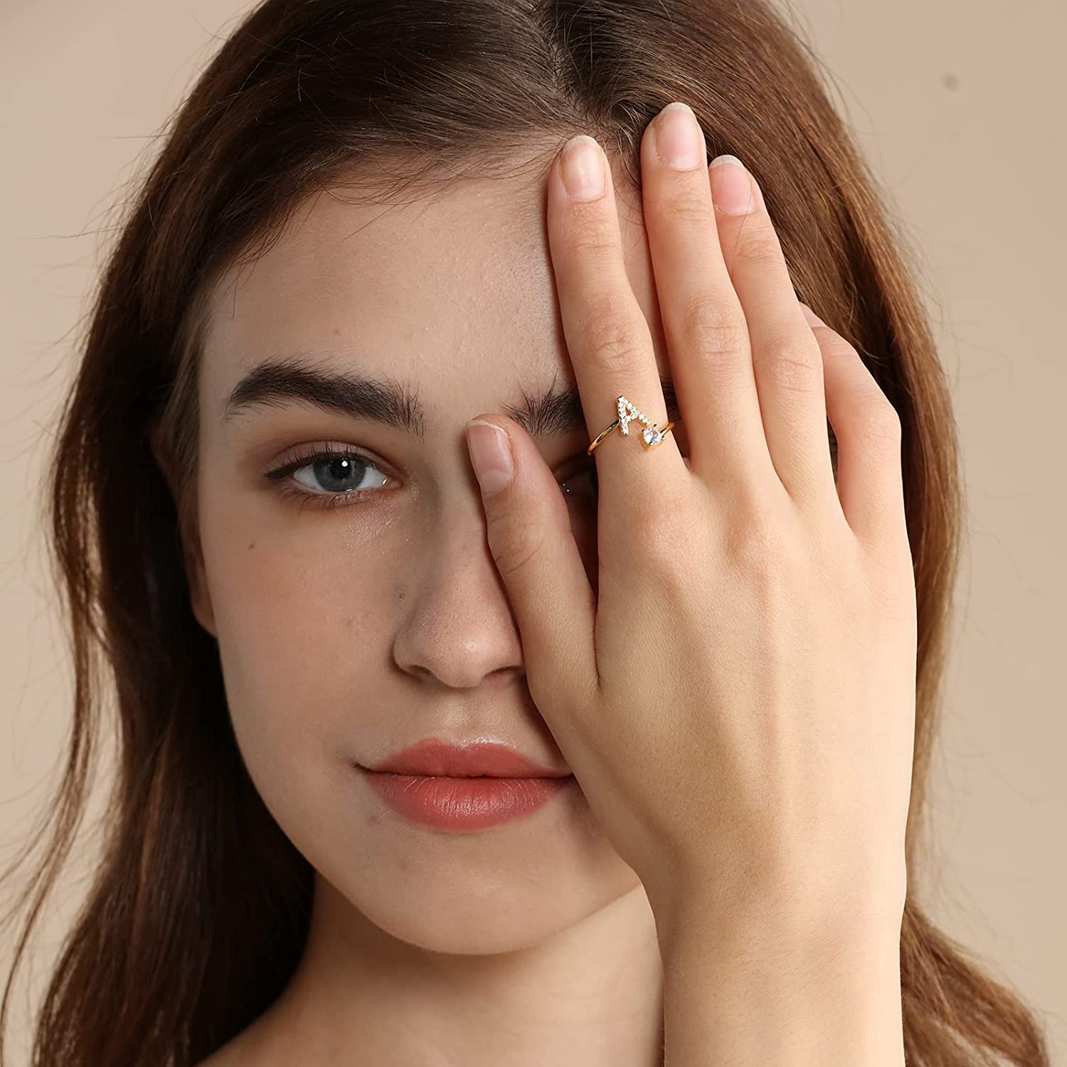 Haoze Initial Letter Ring for Women Girls Gold Stackable Alphabet Rings with Initial Adjustable Crystal Inlaid Initial Rings Bridesmaid Gift - Image 3